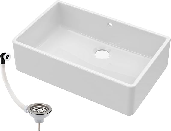 Balterley 795mm Butler White Kitchen Sink, Single Bowl with Waste & Overflow, Durable Butler Fireclay Ceramic Kitchen Sink Bowl, Large Ceramic Apron Front Farmhouse Sinks - 795 x 500 x 220mm (White)