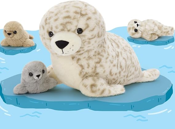 MorisMos Big Seal Teddy Stuffed Animal, 50cm Mom with 3 Cuddly Baby Inside, Cuddly Fluffy Seal Plush Soft Toys Giant Fluffy Gift for Kids Birthday Deco