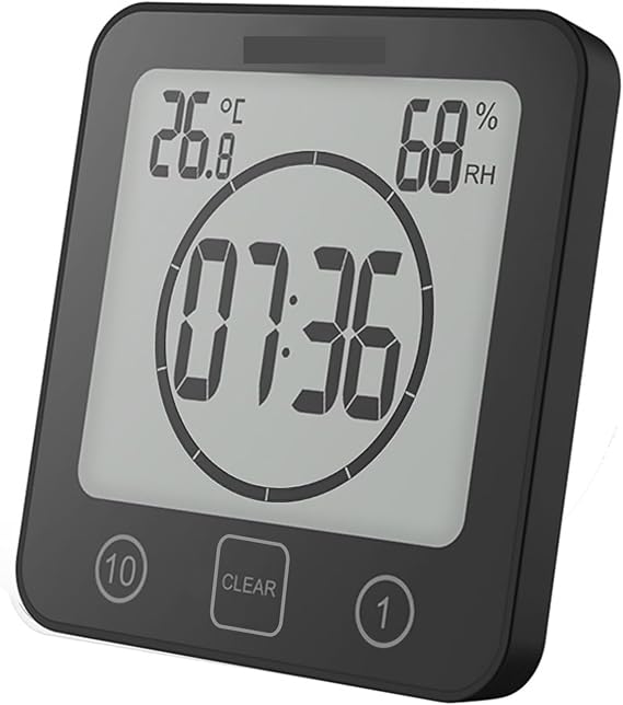 Alarm Clock LCD Digital Waterproof For Water Splashes Bathroom Wall Clock Shower Clocks Timer Temperature Humidity Kitchen Wash Room Timers(Black)
