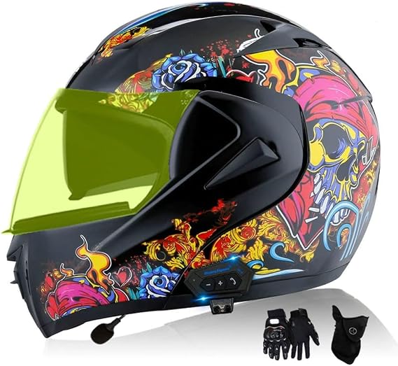 Motorcycle Bluetooth Modular Helmet, DOT Approved Dual Visor Full Face Flip Up Bluetooth Integrated Motorcycle Helmet for Adults Men and Women, with Gloves Mask