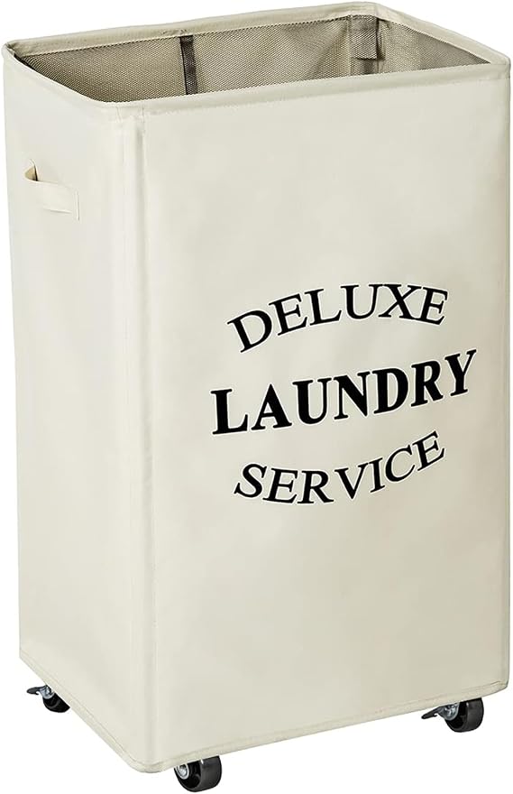 WOWLIVE 90L Large Collapsible Laundry Hamper with Wheels - Foldable Rectangular Hampers (Beige)
