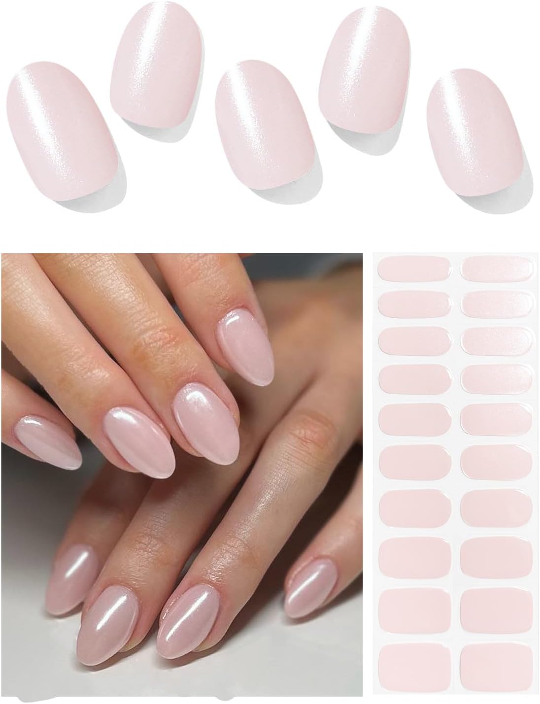 AutyaMee Semi Cured Gel Nail Strips (Glazed Donut Pink), Chrome, Pearl, 20 Pcs Gel Nail Wraps, Stickers, UV Light Required, Salon Quality, Long Lasting
