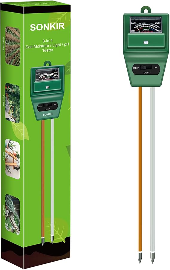 Sonkir Soil pH Meter, MS02 3-in-1 Soil Moisture/Light/pH Tester Gardening Tool Kits for Plant Care, Great for Garden, Lawn, Farm, Indoor & Outdoor Use (Green)