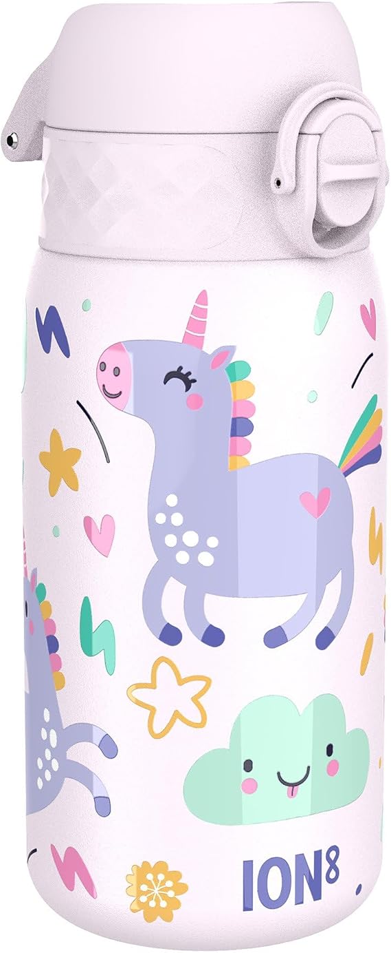 Ion8 Insulated Steel Water Bottle, 320 ml/11 oz, Leak Proof, Easy to Open, Secure Lock, Dishwasher Safe, Carry Handle, Flip Cover, Metal Water Bottle, Raised Print, Stainless Steel, Pink Unicorns