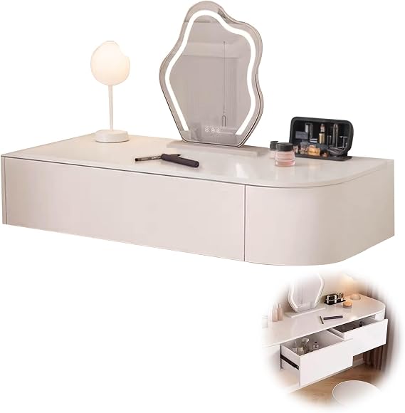 Floating Makeup Vanity For Wall Mounted Dressing Table Hanging Desk With Drawers Corner Vanity Desk With Mirror And Lights Small Space Wall-Mounted Floating Dressing Table Set White Dresser Drawer