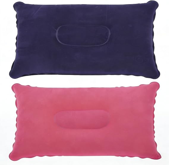 2 Pack Inflatable Travel Pillows, Soft Flocking Fabric Air Pillow, Portable Inflatable Cushion for Camping Airplane Car Beach Office Nap Lumbar Support