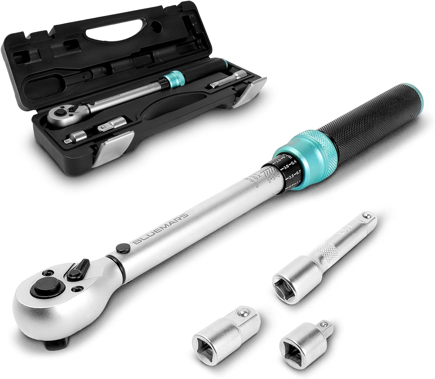 BLUEMARS Ratchet Torque Wrench 38 Inch Drive Click 10-60Nm7.4-44.3FT.LB, 38 Inch 72-Tooth, Torque Wrench wExtension Bar & 12" 14" Drive Adapter & Case for Bicycle & Motorcycle