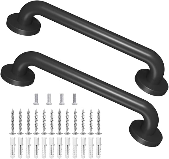Metal Industrial Stairs Grab Wall Handrail Staircase Steps Indoor Exterior Outdoor Deck Hand Rail Safety Grab Bar (16in 2 Pack) Matte Black