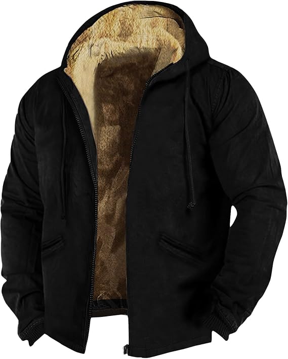 Winter Jackets For Men Patterned Print Fleece Lining Winter Jackets Full Zip Up Combat Jacket With Pockets Thick Thermo Army Jacket Basic Outdoor Jackets Sherpa Jackets