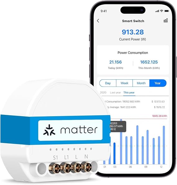 Meross Matter Smart Light Switch with Energy Monitor, Wireless Relay Switch