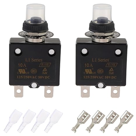 10A Manual Reset Push Button Circuit Breaker 125/250V AC 50V DC Thermal Overload Protector with Quick Connect Terminals and Waterproof Button Caps Assortment Kit(pack of 2 pcs)