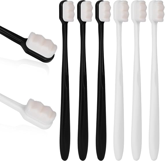 6 Pcs Soft Micro-Nano Toothbrushes, Extra Soft Toothbrush for Sensitive Gums, Micro Nano Manual Toothbrush, High-Density Bristles, Gentle Deep Cleaning for Kids Adults, 3 Black+3 White