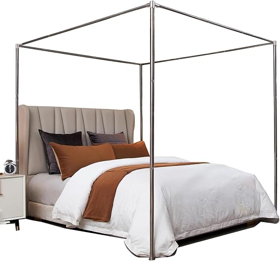 Canopy Bed Frame, Thicken Stainless Steel Bed Canopy Frame, Bed Post Poles 4 Corner Canopy for Metal Bed Mosquito Curtains Bedroom Decor Bed Poles Canopy Frame (Silver, King)