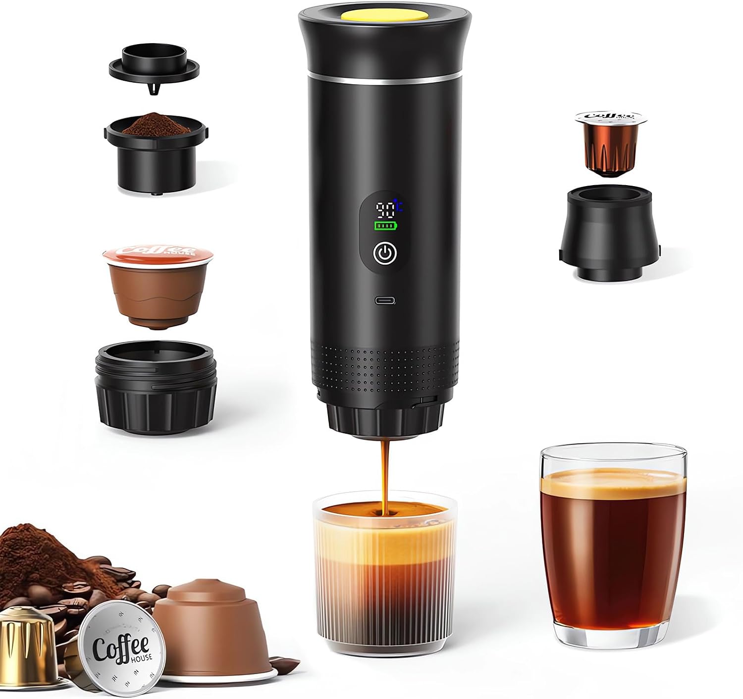 Portable Electric Espresso Machine,3-in-1 Portable Coffee Maker with Self-Heating,USB-C Charger port,Coffee Maker With Ground Coffee & NS Capsule for RV, Camping, Hiking, Office