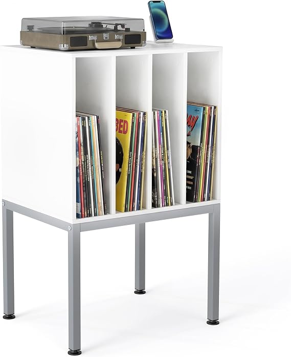 COSTWAY Record Player Stand, Turntable Stand End Sofa Side Table with 4 Vinyl Display Shelves, Metal Legs Albums Holder Vinyl Record Storage Cabinet for Music Living Room Bedroom (White+Silver)