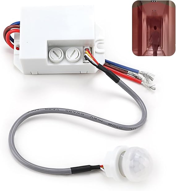 Mini PIR Sensor for Indoor Use, Ceiling Flush Mounted, Infrared Motion Detector with Adjustable Delay Time, Suitable for LED and Incandescent Lamps, Energy-Efficient Lighting, Range up to 8m/360°