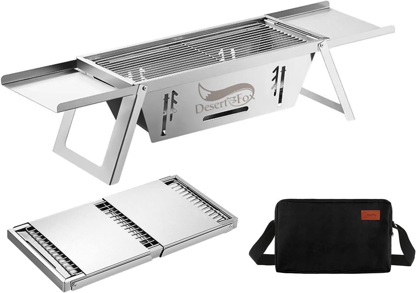 DesertFox Bonfire Stand, Open-Fire Grill, Barbecue Grill, Compact, Stainless Steel, For 2-4 People, Lightweight, Quick Assembly, Foldable, 3-in-1, Camping Use, Height Adjustable in 3 Levels,
