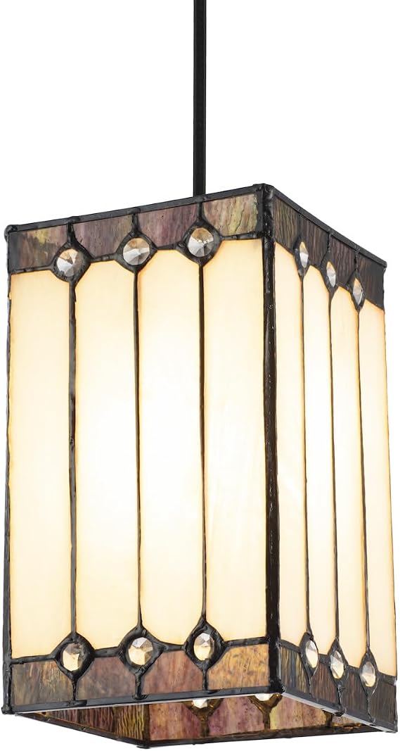 Classic Square Opal White Stained Glass Lantern Tiffany Pendant Lighting Shade with Clear Beads | 20cm x 12cm | 100% Hand Crafted by Happy Homewares