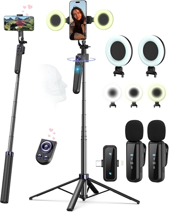 Vlogging Kit for iPhone with 63" Auto Face Phone Tripod, Wireless Microphone, LED Fill Lights, Scrolling Remote Control for TikTok