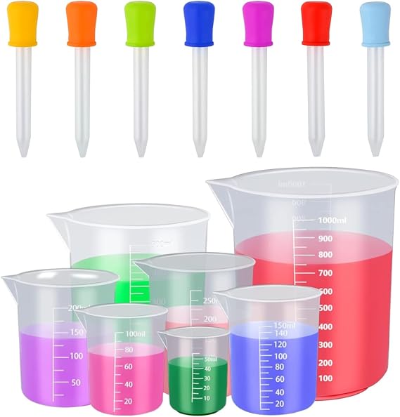 7-Piece Measuring Set - Heat Resistant Plastic Jugs & Beakers with Droppers for Cooking, Baking & Labs