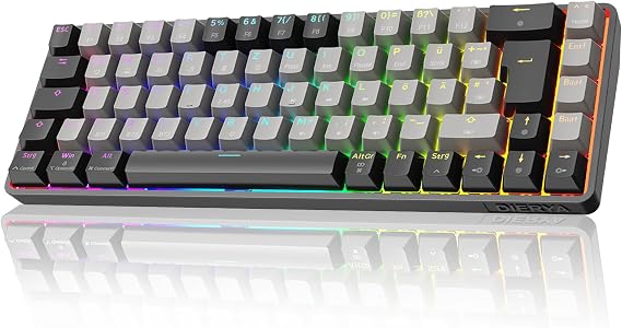 Dierya DK68 Wireless Gaming Keyboard German Layout QWERTZ Bluetooth/2.4GHz/USB-C 68 Keys RGB Lighting Mechanical Keyboard Linear Red Switch Black Grey