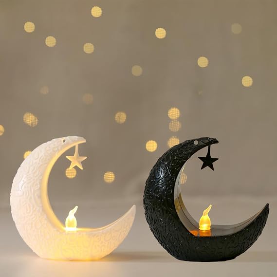 Mini Ramadan Lantern for Centerpiece, 3.94In Moon Shape LED Eid Hanging Lamp for Home Eid Ramadan Table Decorations (Black White) [Energy Class A]