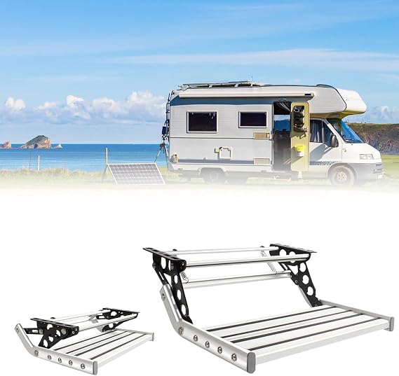 RV Step Stool, Camper Entry Steps, Foldable Drop Down Manual Electric Steps, 440lbs 200kg Load Capacity, Anodized, With LED Light, For Motorhome Rv Campervan Caravan Single-layermanual