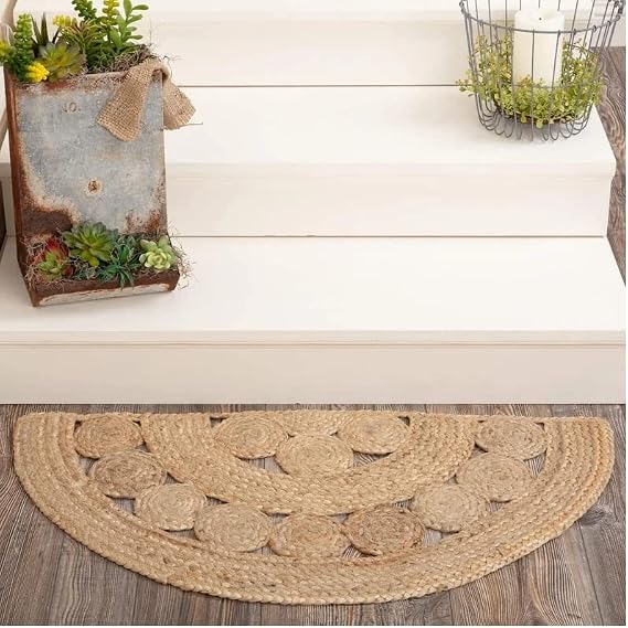 Beige Circle Design Hand Braided Home Living Room Half-Round Shape Carpet Living Room Farmhouse Carpet Rug (90 x 180 CM (3x6 feet))