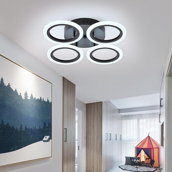 Small Modern LED Ceiling Light,4 Rings Flush Mount Ceiling Light Fixtures, Black Close to Ceiling Light, 6500K LED Ceiling Lamp for Bedroom,Dining Room,Living Room, Office
