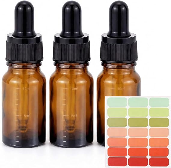 5ml/0.17オンス 旅行用アンバーガラスグラデーションドロッパーボトル 3個パック 小さなエッセンシャルオイルボトル 分類ラベル付き ブラックラバーキャップ 詰め替え可能なスポイトボトル 化粧品用 3パック 10ml