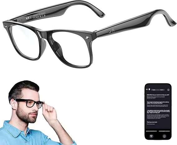 Smart Glasses with Bluetooth, 160+ Languages, Blue Light Blocking, AI Assistant, Open-Ear Earbuds, Audio Eyeglasses