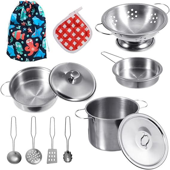 Kids Play Kitchen Accessories with Pots and Pans Playset,Mini Stainless Steel Kitchen Pretend Play Toys,Cooking Utensils with Storage bag for Girls Boys