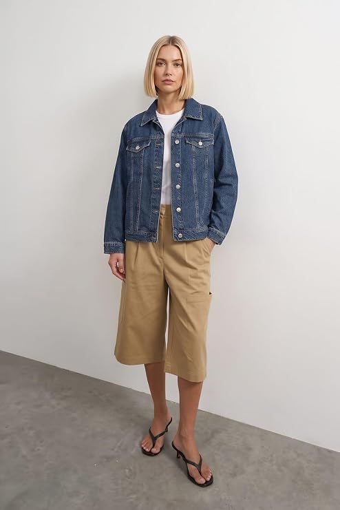 Blue White Kadın Mavi%100 Pamuk Gömlek Yaka Oversize Jean Ceket