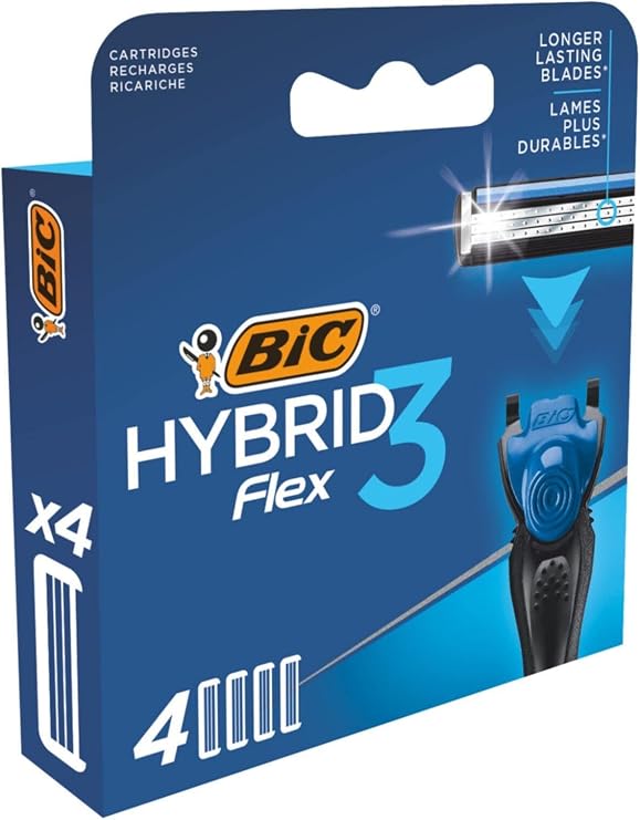 BIC Hybrid 3 Flex Men's Razor 1 Handle and 4 Replacement Heads (3 Blades), 3 Nano Technological Titanium Blades, Large Lubricant Tape Enriched with Vitamin E