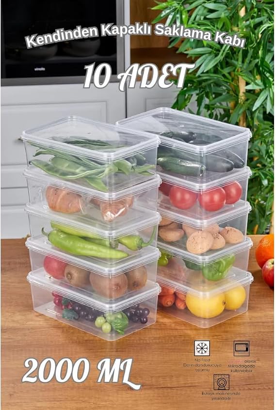 Arel - 10'lu Set Yandan Açılır Kapaklı Saklama Kabı, 10 Adet 2000ml Dikdörtgen Şeffaf Kendinden Kapaklı Saklama Kabı, BPA İçermez, Buzdolabı, Dondurucu ve Dolap Organizeri