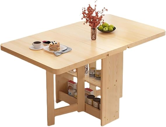 Solid Wood Folding Kitchen Table with 2-Tier Storage Shelf Compact Extendable Dining Table for Small Spaces Versatile Space-Saving Solution for Home and Kitchen