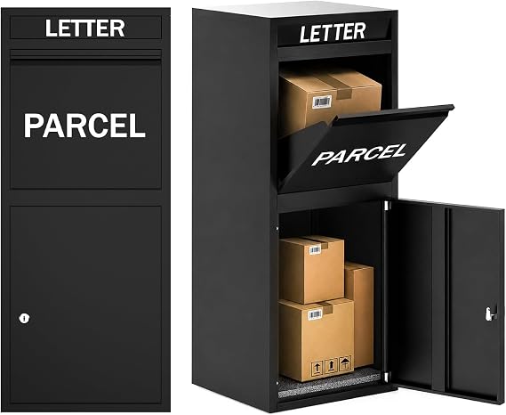 BELOFAY Floor Mounted Parcel Box, Lockable Outdoor Parcel Delivery Box, Weatherproof Steel Drop Box with Flip Lid & Secure Front Door Access, Black, 38.3D x 41.4W x 102.4Hcm