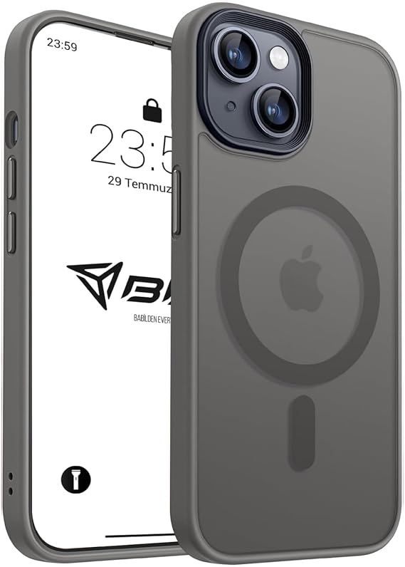Babilden iPhone için Kılıf Kamera Korumalı Magsafe Wireless Şarj Özellikli Mat Şeffaf Renkli Kılıf (iPhone 15 Gri)