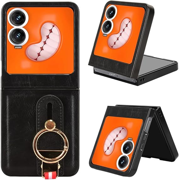 Compatible with Tecno Phantom V Flip 2 Case Cover,PU retro cell phone case with wrist strap Compatible with Tecno Phantom V Flip 2 5G Case Black