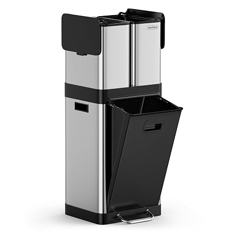 VonHaus Kitchen Triple Bin, 32L Vertical Recycling Bin, Stainless Steel Three Section Food Waste Separation System, 1 x 20L Main Compartment & 2 Removable 6L Counter Top Caddies, Narrow Trash Can