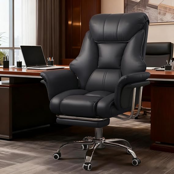 Office Chair with Foot Rest and Waist Lumber Support, Ergonomic Gaming Chair with Adjustable Height Headrest, High-Back PU Leather Reclining Chair for Home Office (Black)