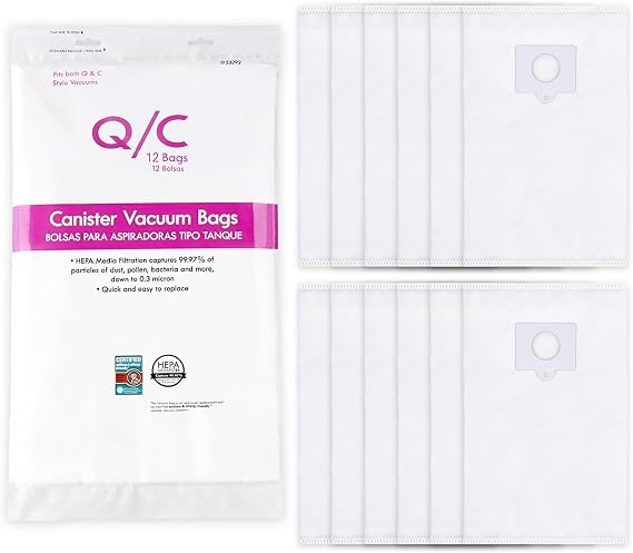 12 Pack Fit for Q/C Canister Vacuum Bags 53292 Type Q/C HEPA Canister Vacuum Bags for Models 200 400 600 800 800 Series Vacuum Bags 81214, 81414, 81615, 81714, 21814, BC2005, BC3005, BC7005