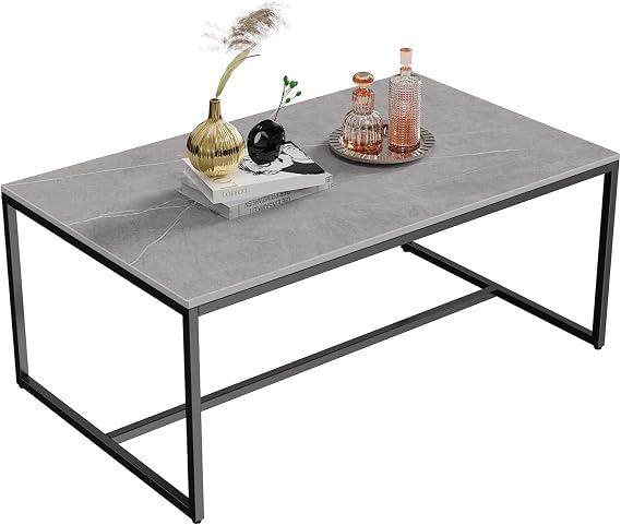 Marble Rectangular Coffee Tables:Large Grey Sintered Coffee Table 100cm Long Marble Effect Coffee Table with Sturdy Metal Legs for Living Room Furniture Decoration