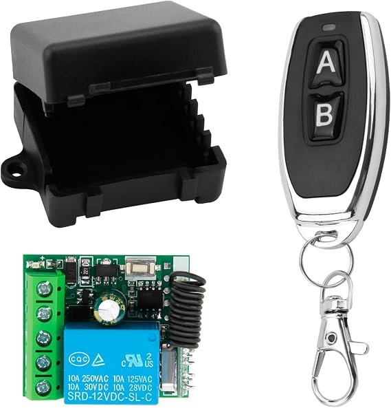 DC 12V Remote Control Switch 433Mhz, RF 10A Wireless Relay Receiver Board Universal with Transmitter Key Fobs, DIY Wireless Controller with DC Connector for Garage Door, Gate Door, Light, Motor