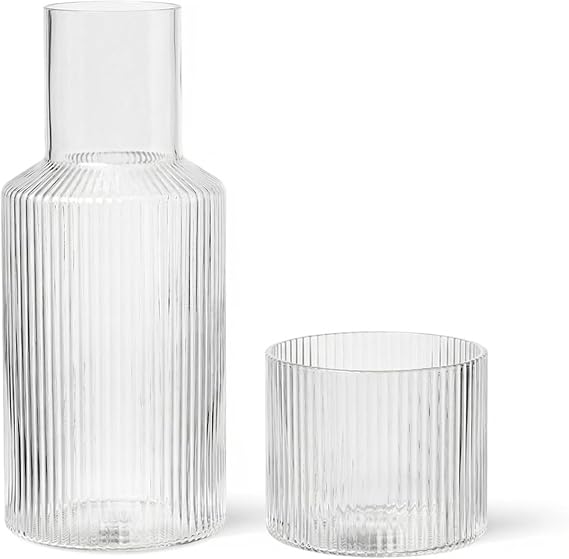 Bedside Carafe and Glass Set, Use Tumbler as Lid Night Table Water Carafe, Classic Vertical-Striped 33.8oz Glass Pitcher with 11.8oz Tumbler Lid for Nightstand, Mouthwash (Clear)