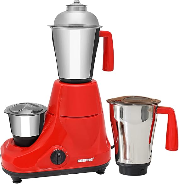 GEEPAS 750W 3-in-1 Mixer Grinder | Stainless Steel Jars & Blades | 3 Speed Control, Perfect for Chutney, Dry & Wet Fine Grinding Mixing | Overload Protection | Powerful Motor | , Red