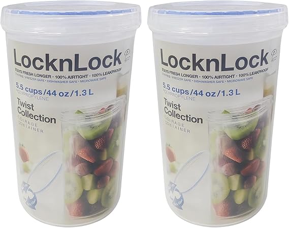 LocknLock Round 1.3ltr Food Storage Containers with Lids - Airtight & Watertight, Microwave & Dishwasher Safe Food Containers with Twist Lids (115 x 178mm) (Pack of 2)