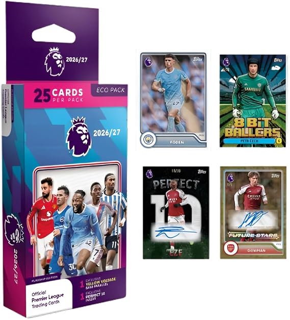 プレミアリーグ 2026/27 フラッグシップエコパック – サッカートレーディングカード25枚、フットボールカードパック3枚、専用インサート&番号なしパラレル – Alphatek.storeステッカーで販売。