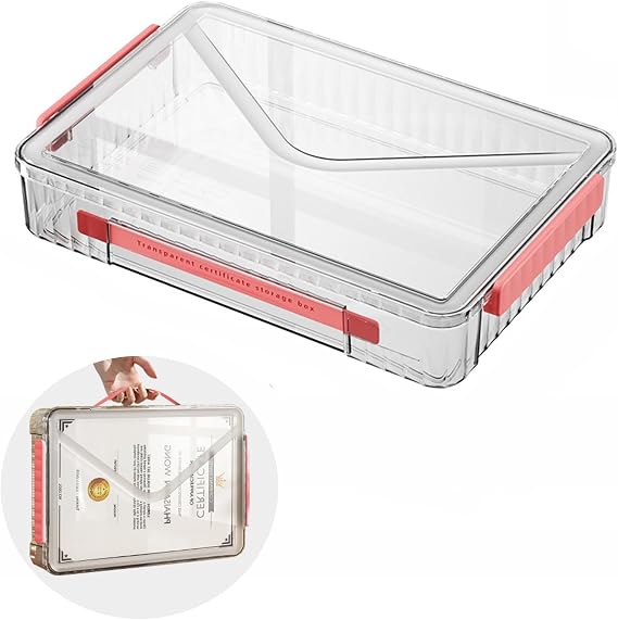 Marte Vanci Plastic Storage Box with Lid, Clear A4 File Box Portable Project Case with Handle Transparent Organiser for Photo Craft Storage Document Letter Paper Scrapbook Stationery Magazine Red