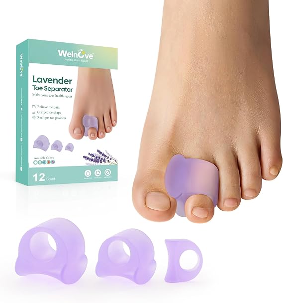 Welnove Toe Separator for Overlapping Toes - 12 Packs Toe Spacers for Bunions - Toe Corrector for Hammer Toes, Realign Crooked Toes - Preventing Rubbing Relieve Pressure(Multi-Size, Lavender)